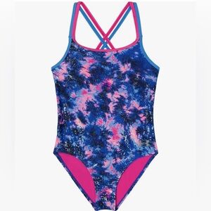 Under Armour Girls' Shimmery Photon Blue Tie Dye One Piece Strappy Swims…